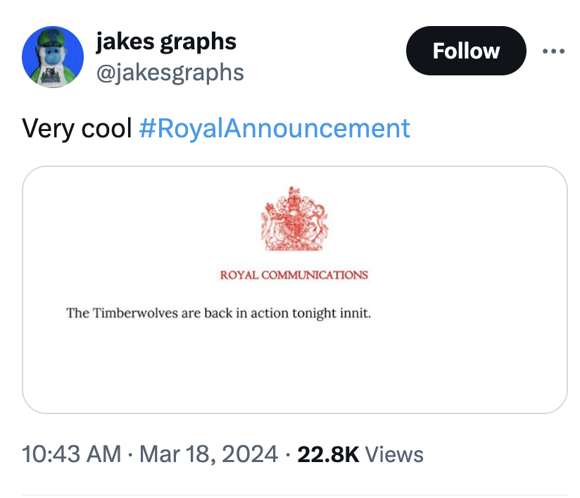 screenshot - jakes graphs Very cool Announcement Royal Communications The Timberwolves are back in action tonight innit. Views